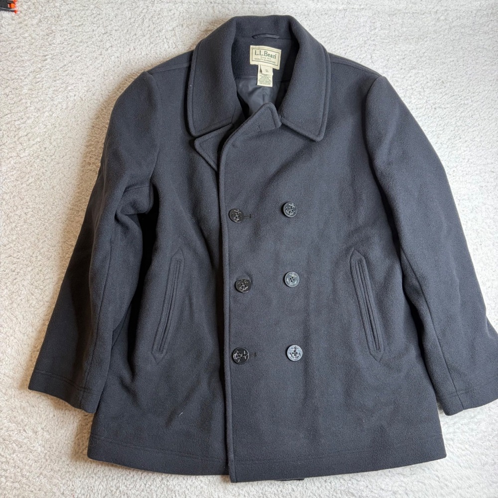 LL Bean Mens Wool Pea Coat double breasted Gray Bellandi Italian XL Reg 500027